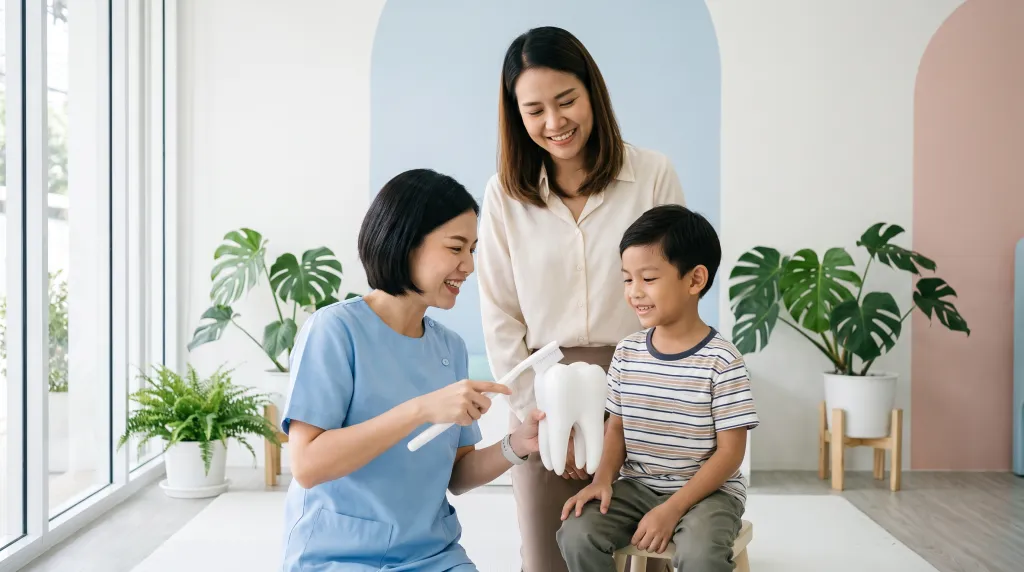ทันตแพทย์อธิบายวิธีแปรงฟันให้เด็กและผู้ปกครองภายในคลินิก