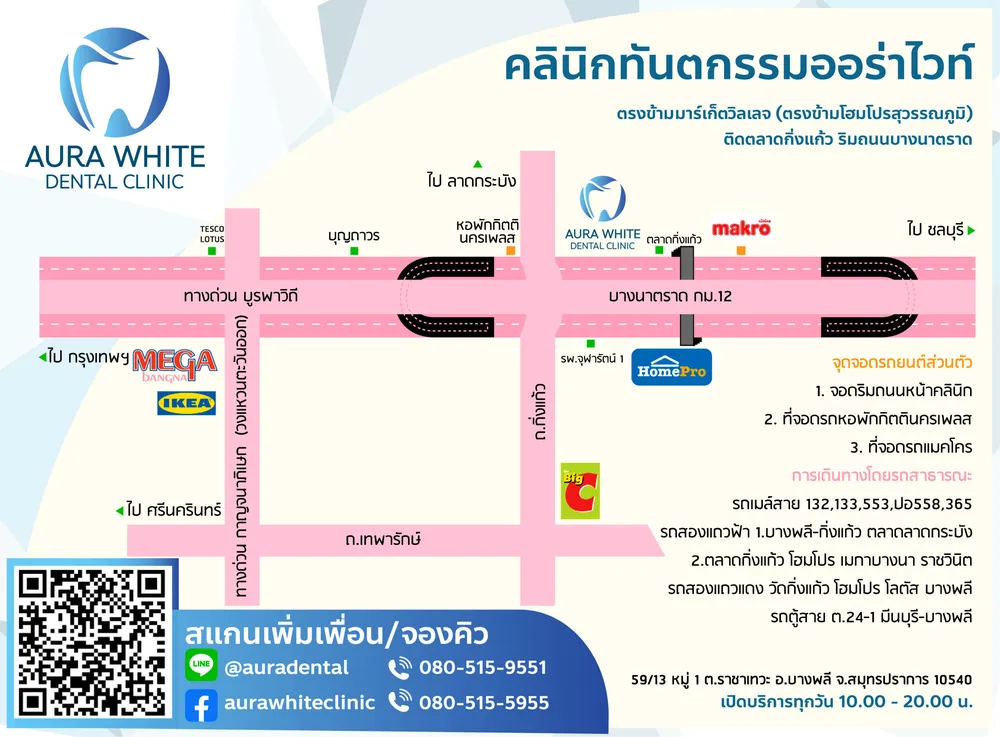 แผนที่เดินทางมาคลินิกทันตกรรม AuraWhite ข้างตลาดกิ่งแก้ว บางนา-ตราด กม.12